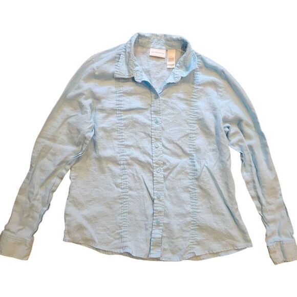 Liz Claiborne Button Down Top Women's Large Sky Blue Linen Pin Tuck - Picture 1 of 4